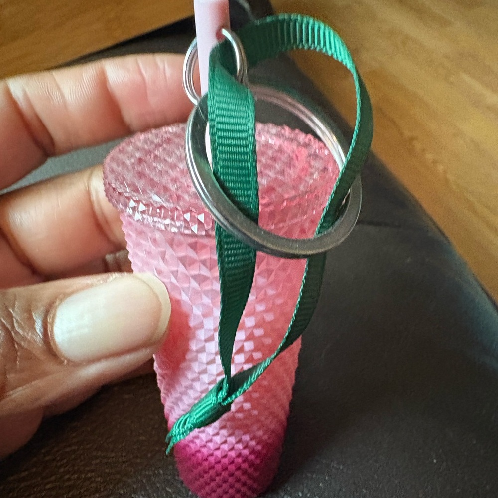 Pink Textured Keychain with Green Ribbon Starbucks bnwt